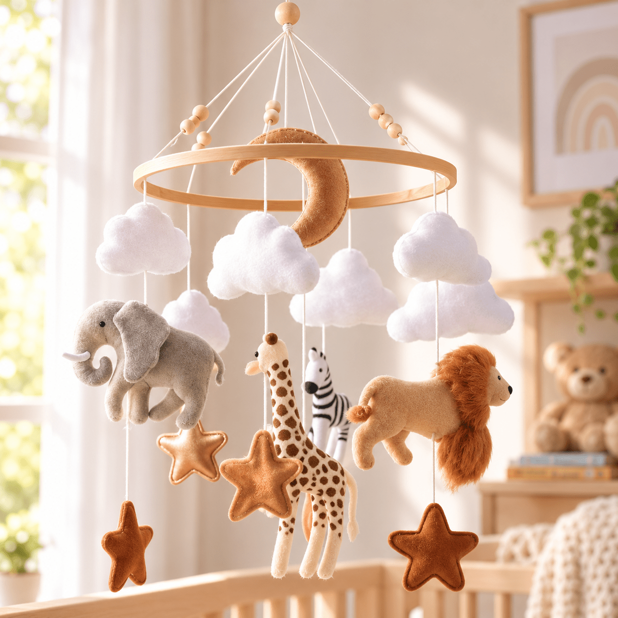 Starry Safari design baby mobile with moon, clouds, stars, and safari animals - nursery decor idea