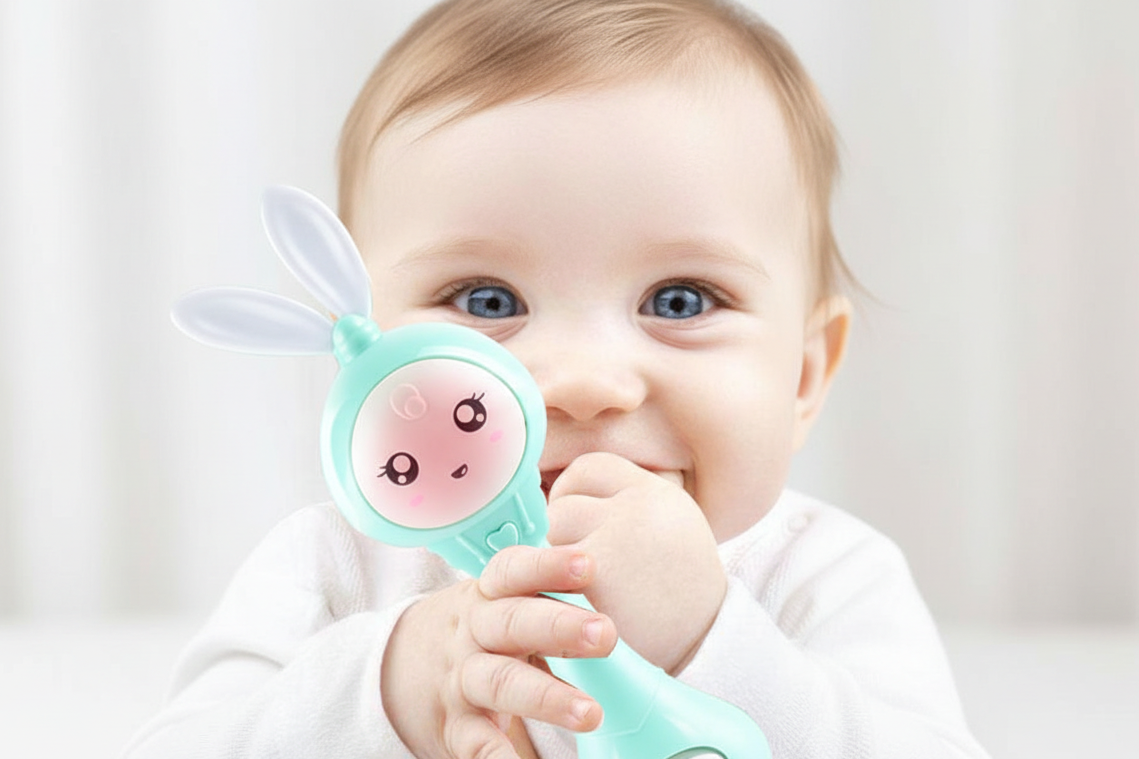 Baby with pastel orange bunny rattle