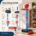 Seven step easy setup guide for assembling the adjustable basketball hoop set, including filling the base with water or sand