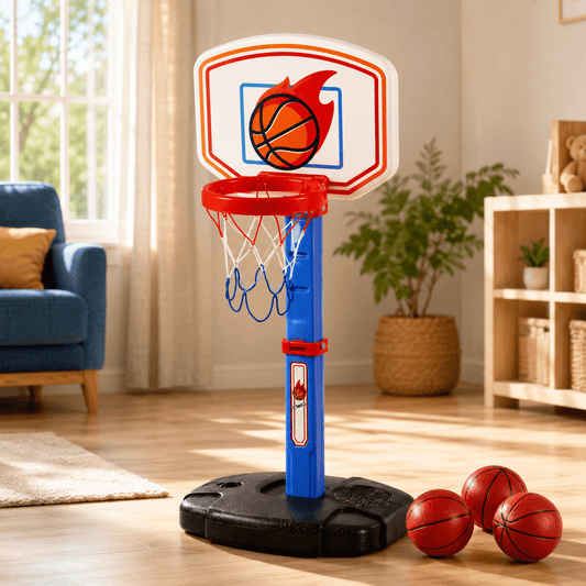 Blue Grow With Me adjustable basketball hoop set in a living room with three basketballs