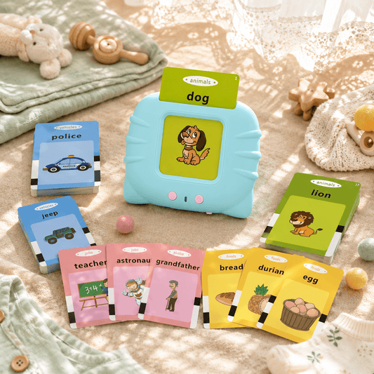 Blue Cat Reader talking flash card toy showing dog sight word card, speech development support