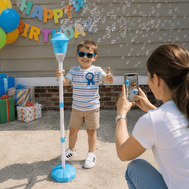 Boy giving a thumbs up next to the bubble machine at his birthday party while his mom takes a photo.