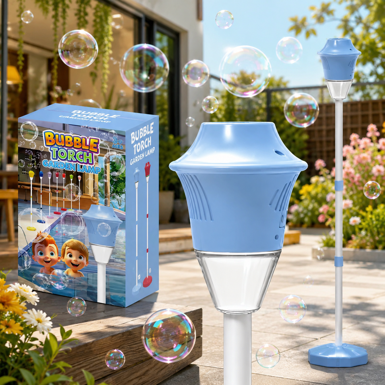 47-inch standing bubble machine shown next to its retail packaging box outdoors.