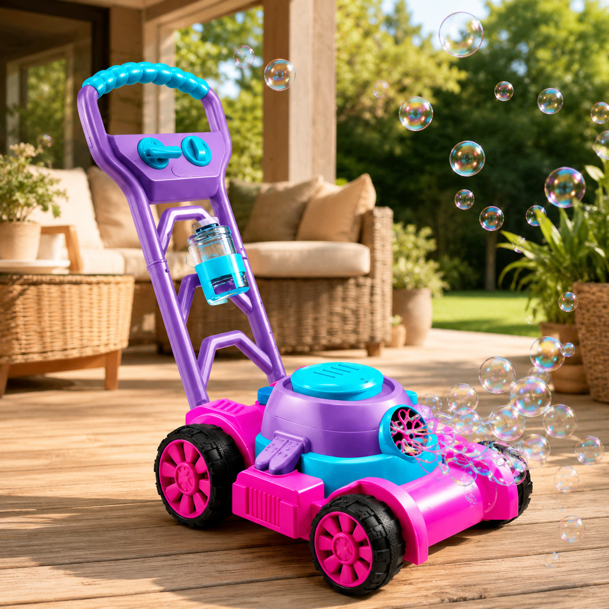 A pink and purple toy lawn mower with a blue handle and bubble blower attachment