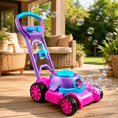A pink and purple toy lawn mower with a blue handle and bubble blower attachment