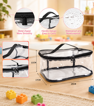 Clear plastic storage bag with black trim and handle, shown on a wooden surface with dimension labels (11cm, 17cm, 24cm) 