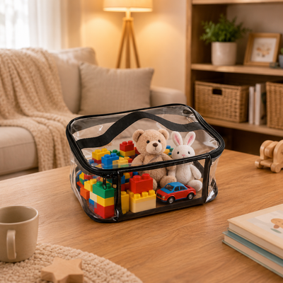 A clear plastic zippered storage organizer with black trim sits on a wooden table
