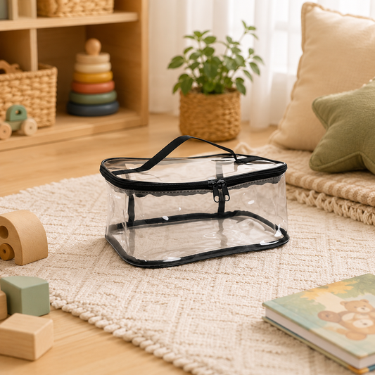 A clear plastic storage organizer bag with black trim and a top handle