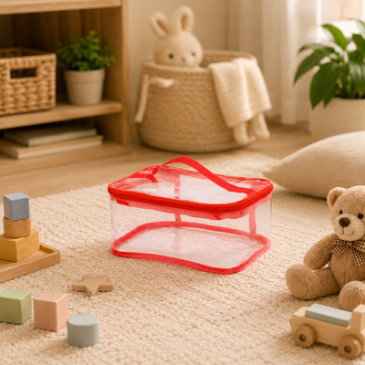 A clear plastic storage bin with a bright red handle and trim