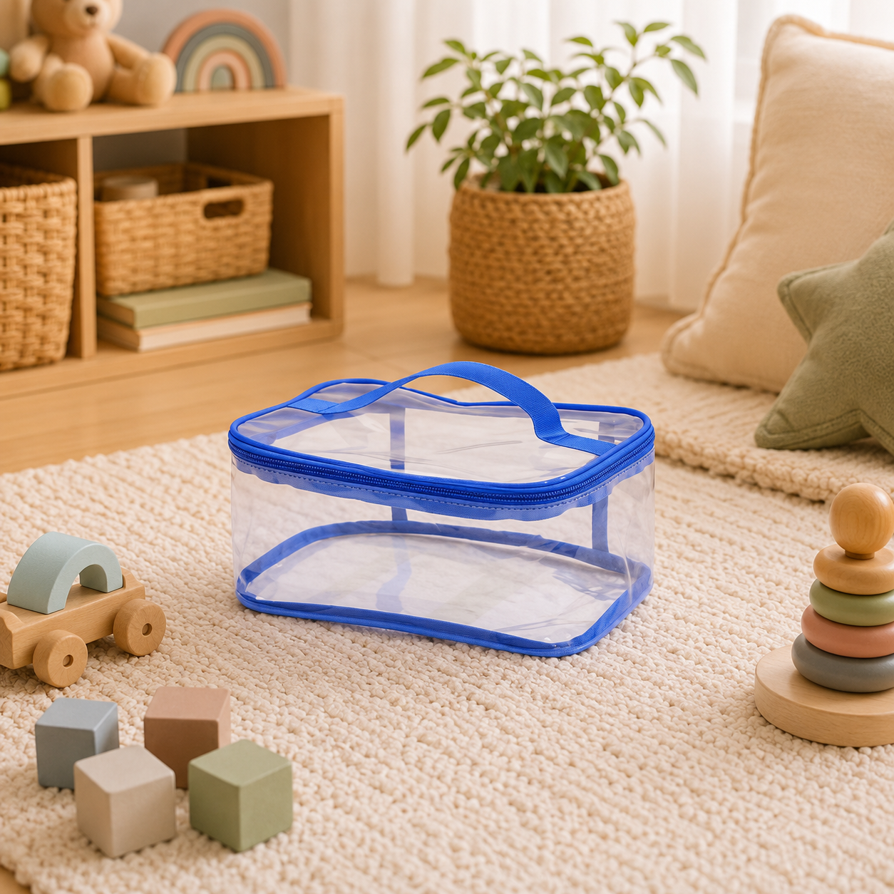 A clear plastic storage bag with a blue zipper and handle, placed on a beige carpet in a styled children's room