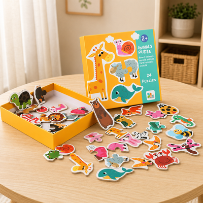 A children's animal puzzle set displayed on a light wood table, with the colorful box standing upright, an open tray of pieces, and many loose animal-shaped puzzle pieces scattered in front. The box reads '2+ Animals Puzzle' and shows illustrated animals including a giraffe, snail, sheep, whale, and butterfly.