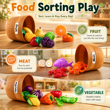 Food sorting game teaching fruit, vegetable, and meat categorization, a birthday gift for a 2 year old boy