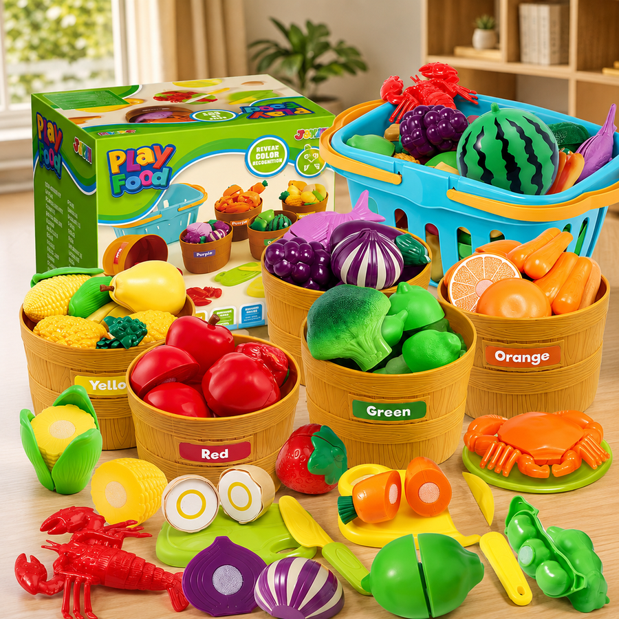 Color sorting play food set kitchen toy box, a birthday gift for a 3 year old that teaches color recognition and sorting