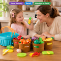 Mother and daughter playing a whats missing memory game with play food, building visual memory and recall, a birthday gift for a 3 year old