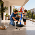 Father and toddler assembling the blue adjustable basketball hoop set together on a balcony