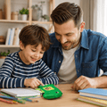 Dad and son using talking flash card reader, speech development toy suited for autistic kids