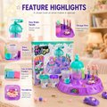 DIY Crystal Slime Mixer Kit details: easy shake handle, storage slots, slime shakers, color and glitter powders, fun add-ins