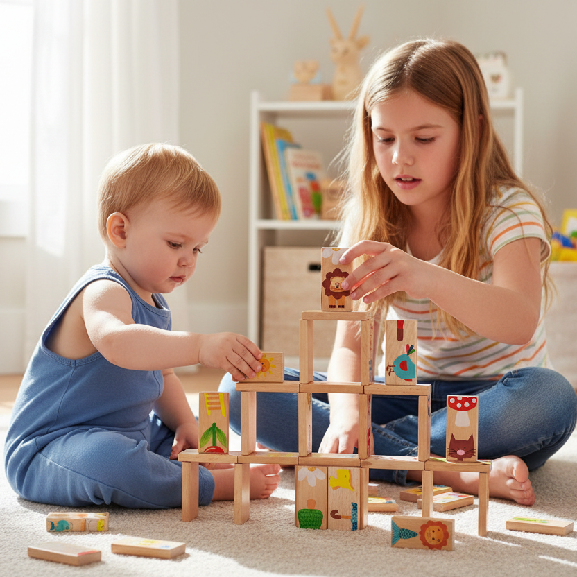 Two children playing with wooden blocks on a carpeted floor.