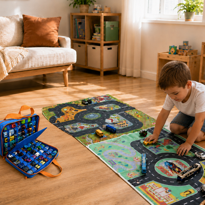 A young boy kneels on a wooden floor in a bright living room, playing with a colorful road-map play mat and toy vehicles