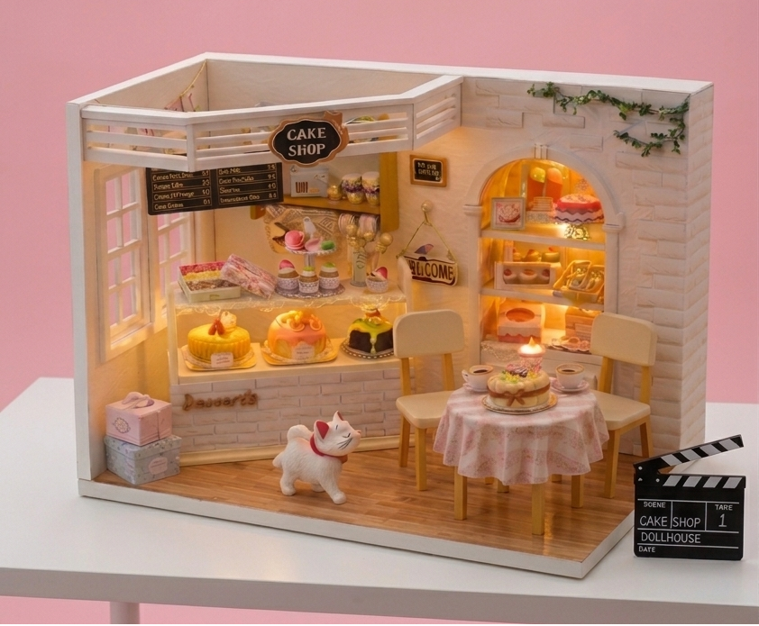 Miniature model of a cake shop with illuminated interior on a pink background