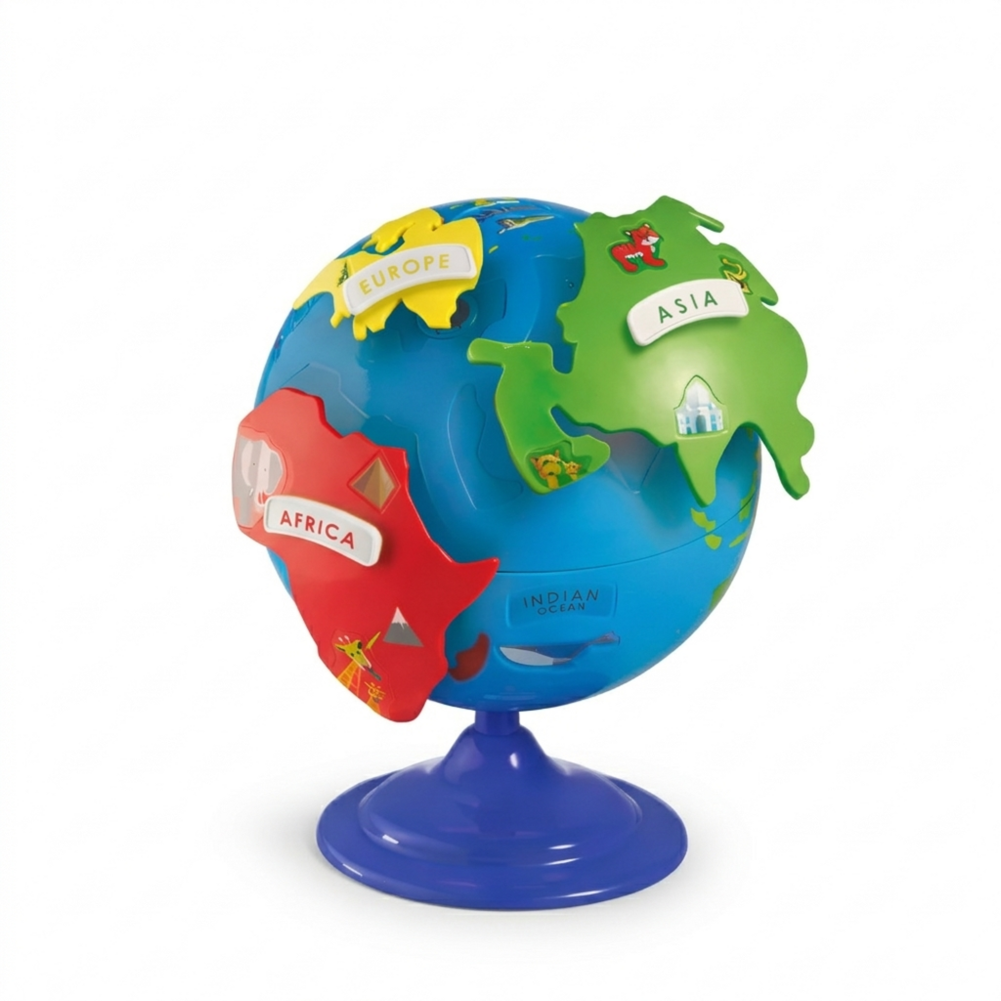 Colorful toy globe with labeled continents on a white background