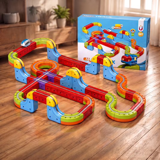 68 piece electronic train magnetic track set built into a layout with the single included train, on a wood floor