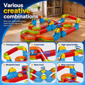 Infographic showing various creative track combinations for the electronic train magnetic track set including overpass track, crossroads, high speed bridge, wonderful bend, wave track, and ring road track