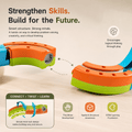 Infographic showing STEM skills developed by the electronic train magnetic track set: fine motor development, spatial and structural awareness, and STEM learning foundation