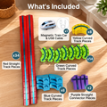 What's included in the electronic train magnetic track set: 1 magnetic train car and USB cable, 8 yellow curved track pieces, 14 green curved track pieces, 8 blue curved track pieces, 2 purple straight connector pieces, 34 red straight track pieces