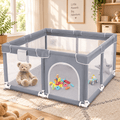 Extra large 360 degree mesh baby playpen in gray, set up indoors with toys for supervised play