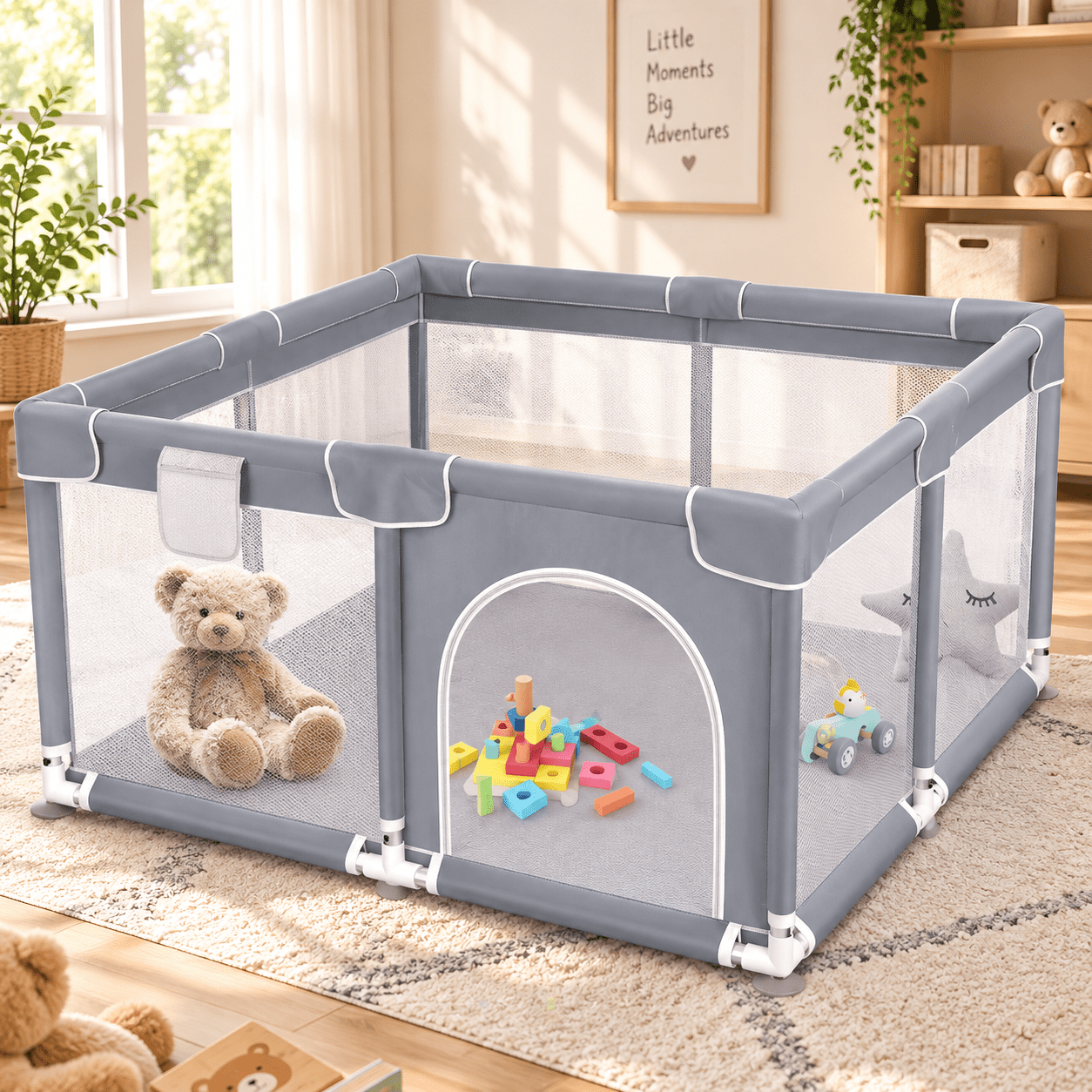 Extra large 360 degree mesh baby playpen in gray, set up indoors with toys for supervised play