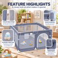 Feature highlights of the baby playpen: external zipper design, corner protection, breathable mesh, and resistant-duty fabric