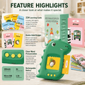 Feature highlights of talking flash card reader for speech delays, 224 learning cards and rechargeable battery