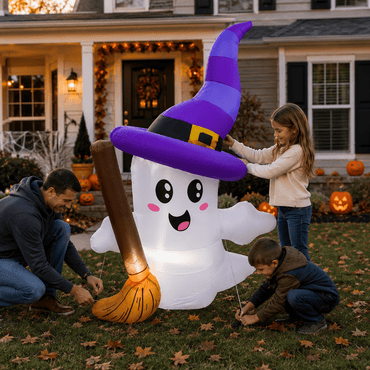 Family staking the 6 FT ghost Halloween inflatable into the yard