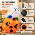Features of the ghost pumpkin candy bag Halloween inflatable: stakes and strings, weather-resistant fabric, UL certified plug, IP44 air blower