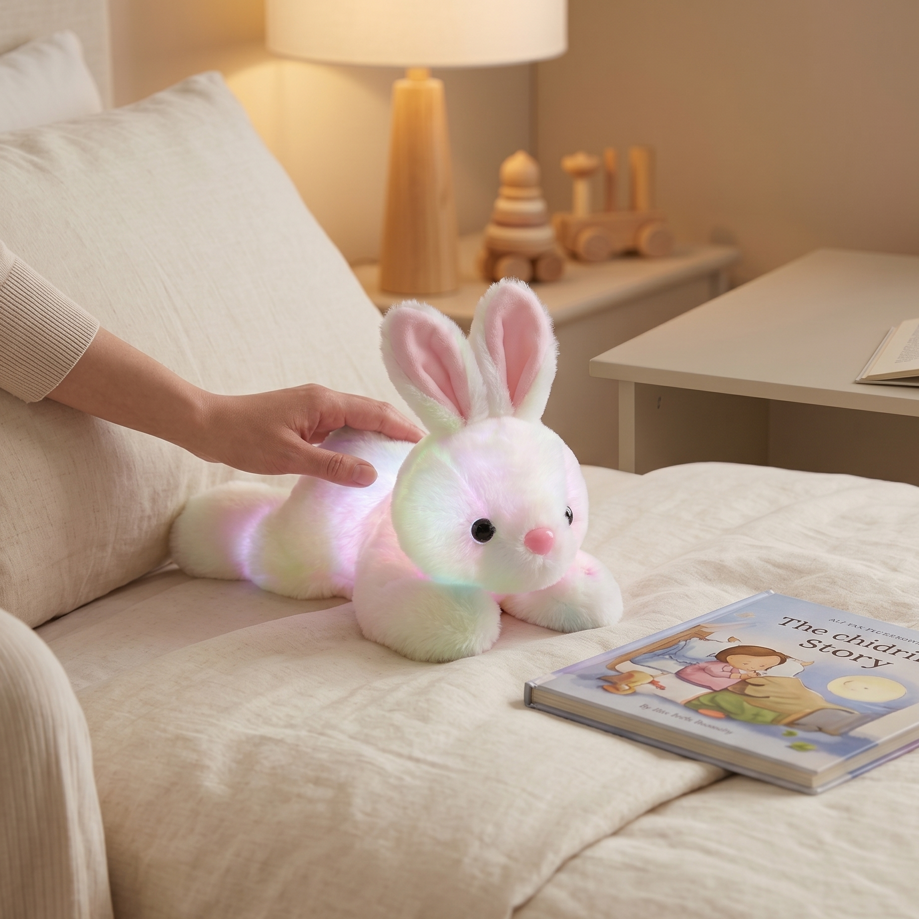 Plush rabbit toy with glowing rainbow pattern on a bed next to a book