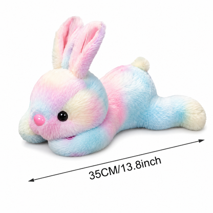 Colorful plush rabbit toy with measurement text on a white background