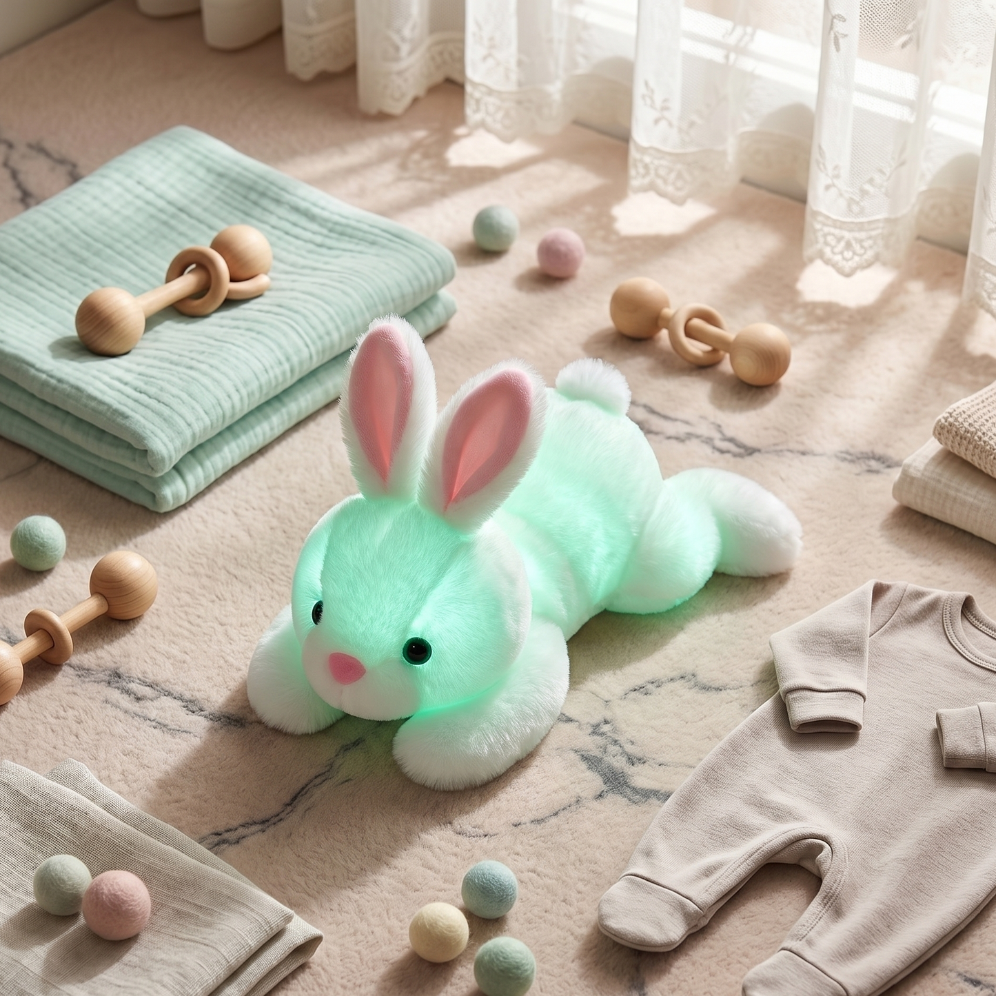 Glowing green bunny plush toy on a floor with baby items like clothes and toys.