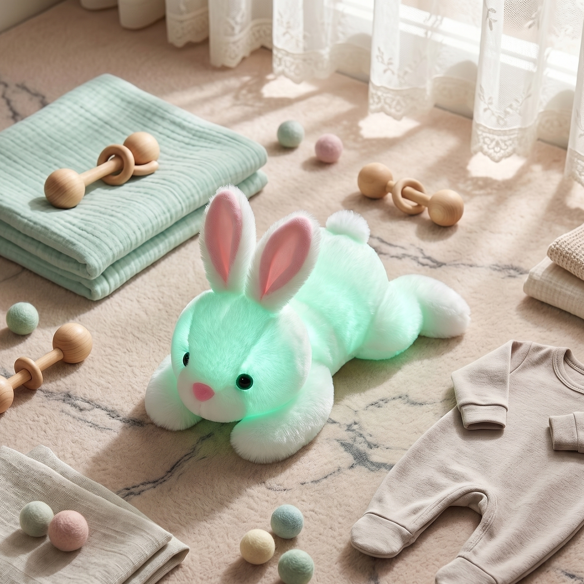 Glowing green bunny plush toy on a floor with baby items like clothes and toys.
