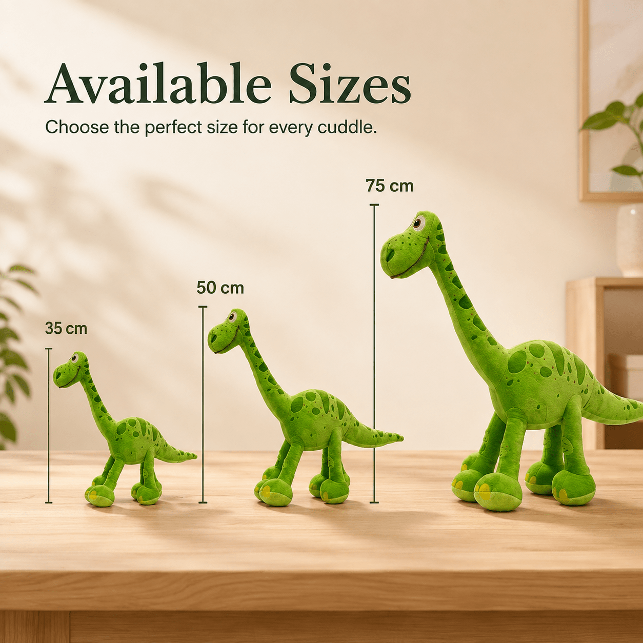 Green dinosaur plush toy size comparison: 35cm, 50cm, and 75cm