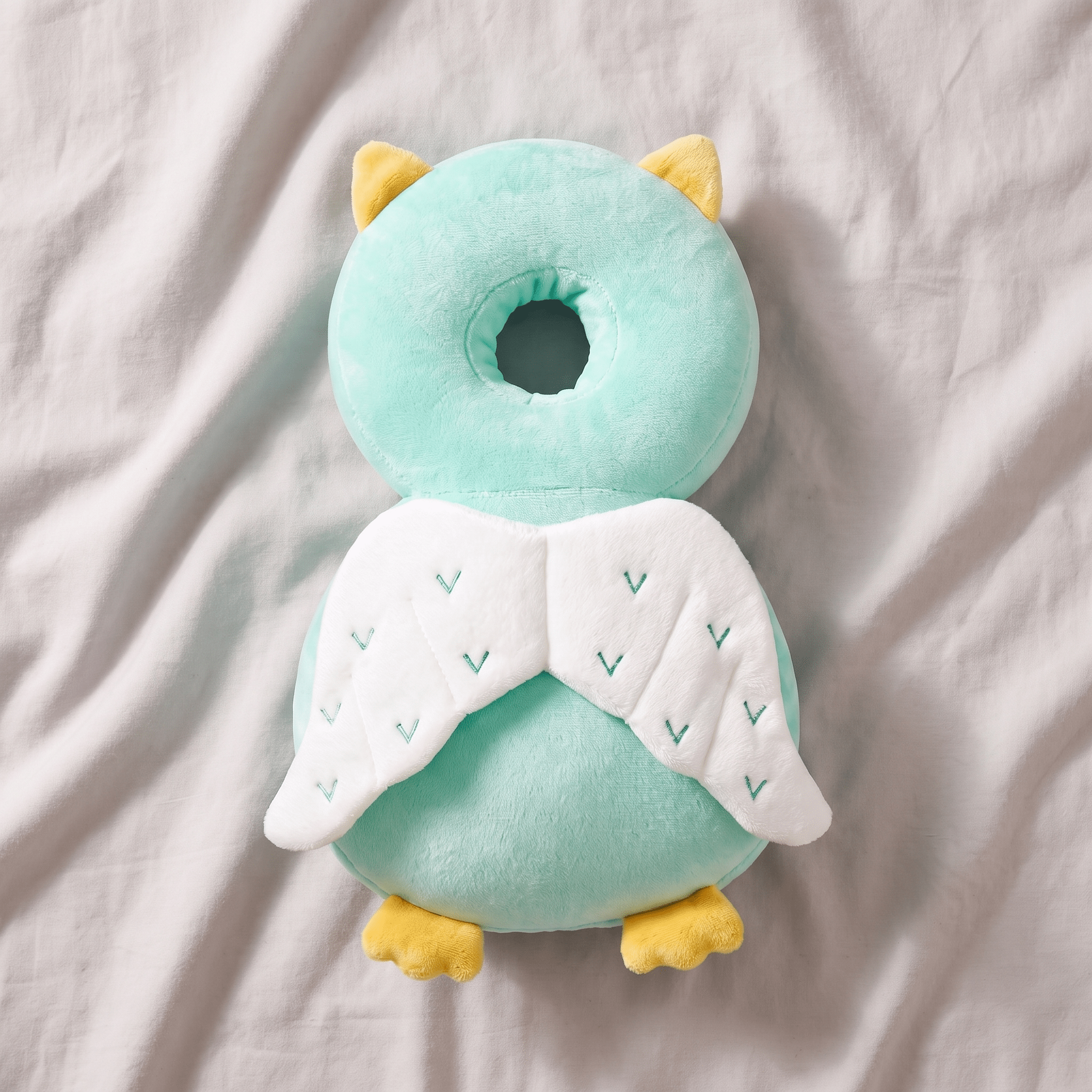 Walking Baby Pillow - Velvet Owl SafePals on light grey wrinkled-fabric background