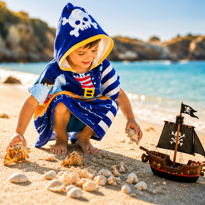 A toddler wearing a blue pirate hooded towel robe