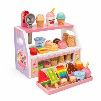 Toy ice cream stand with various ice cream cones and accessories on a white background