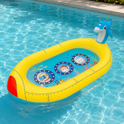 inflatable pool float shaped like a spaceship, floating in a swimming pool.