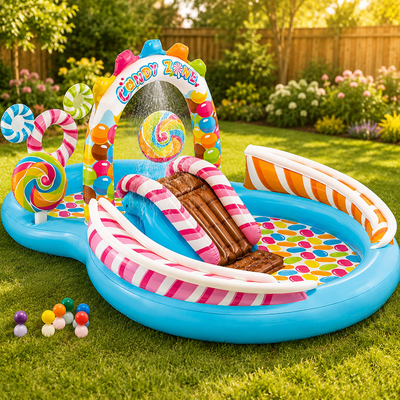 A colorful inflatable pool set shaped like a candy store, placed on a green grassy lawn. The pool features a blue base, pink-and-white striped slide borders, a brown slide, multicolored candy-striped arches, lollipop decorations, and a water spray feature.