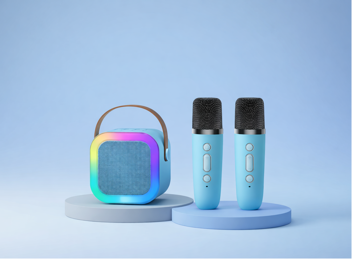 Colorful speaker and two microphones on a blue background