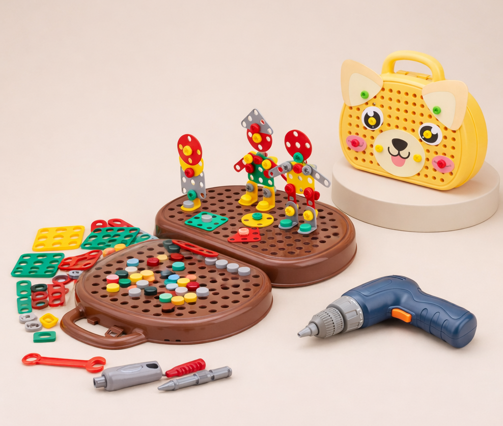 Children's building set with colorful pieces and a drill on a beige background