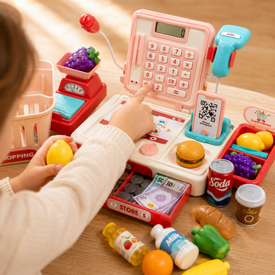 A child's toy shopping cart playset on a wooden table, featuring a pink and white cash register, a turquoise phone, a scale, a basket, and various toy groceries, with a child's hands interacting with the playset.