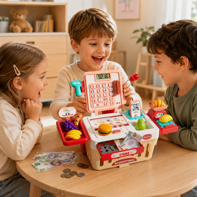 kids cash register toy, pretend play supermarket, shopping cart toy, voice scanner, electronic cash register, pretend grocery store, role play toy, educational toy, calculator toy, learning through play, interactive checkout set, and preschool pretend play toy