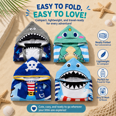 Four hooded towel or bath towel designs arranged on a sandy beach-style background